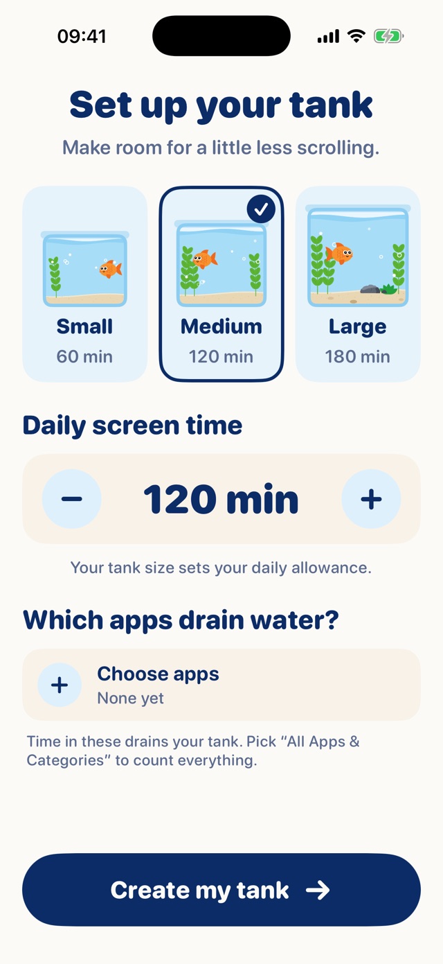 Setup screen with Small, Medium and Large tank sizes and a daily screen-time goal.